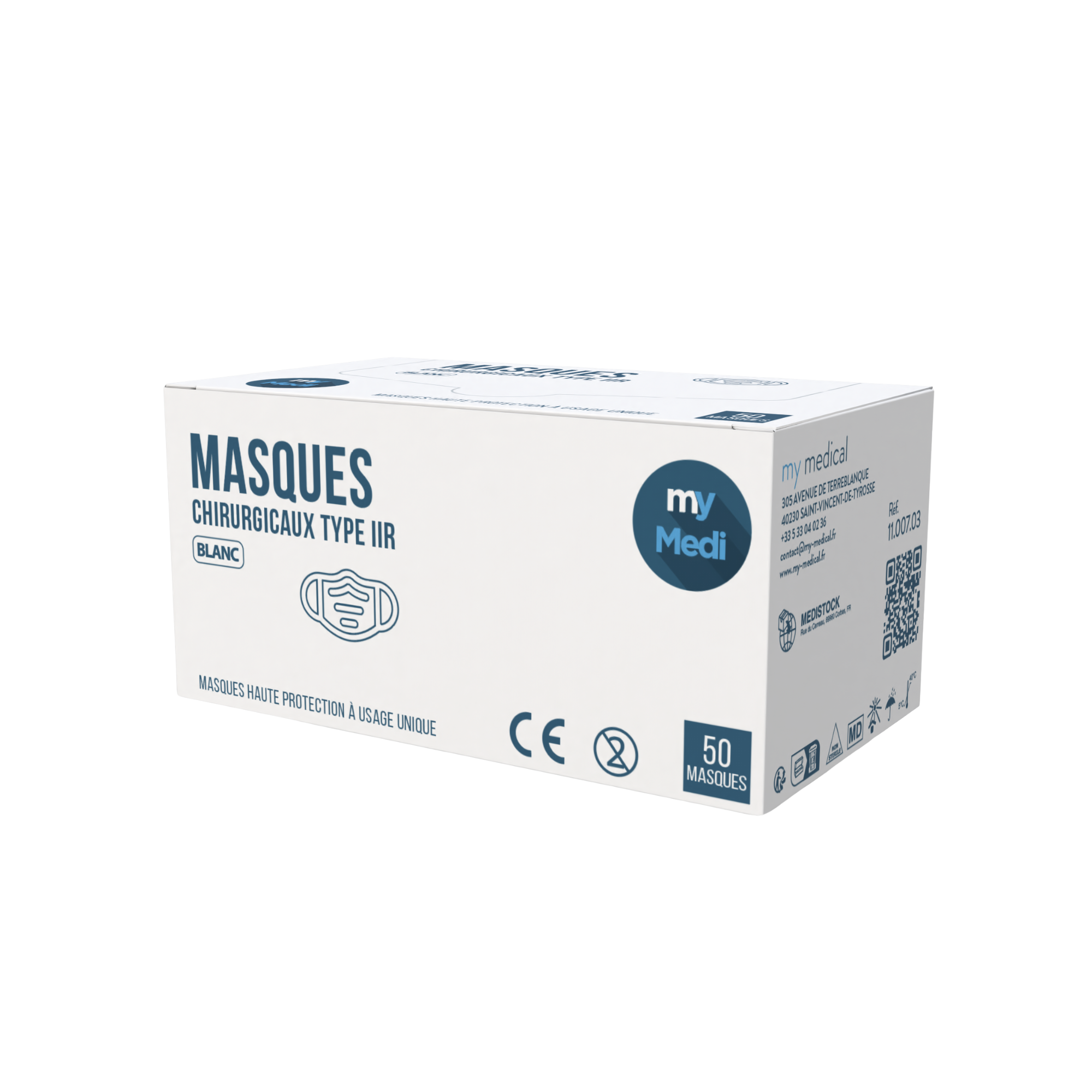 Masque chirurgical - 3 plis de type IIR - Norme EN14683 - Certification CE - Boîte de 50 masques - 3 coloris - My Médical