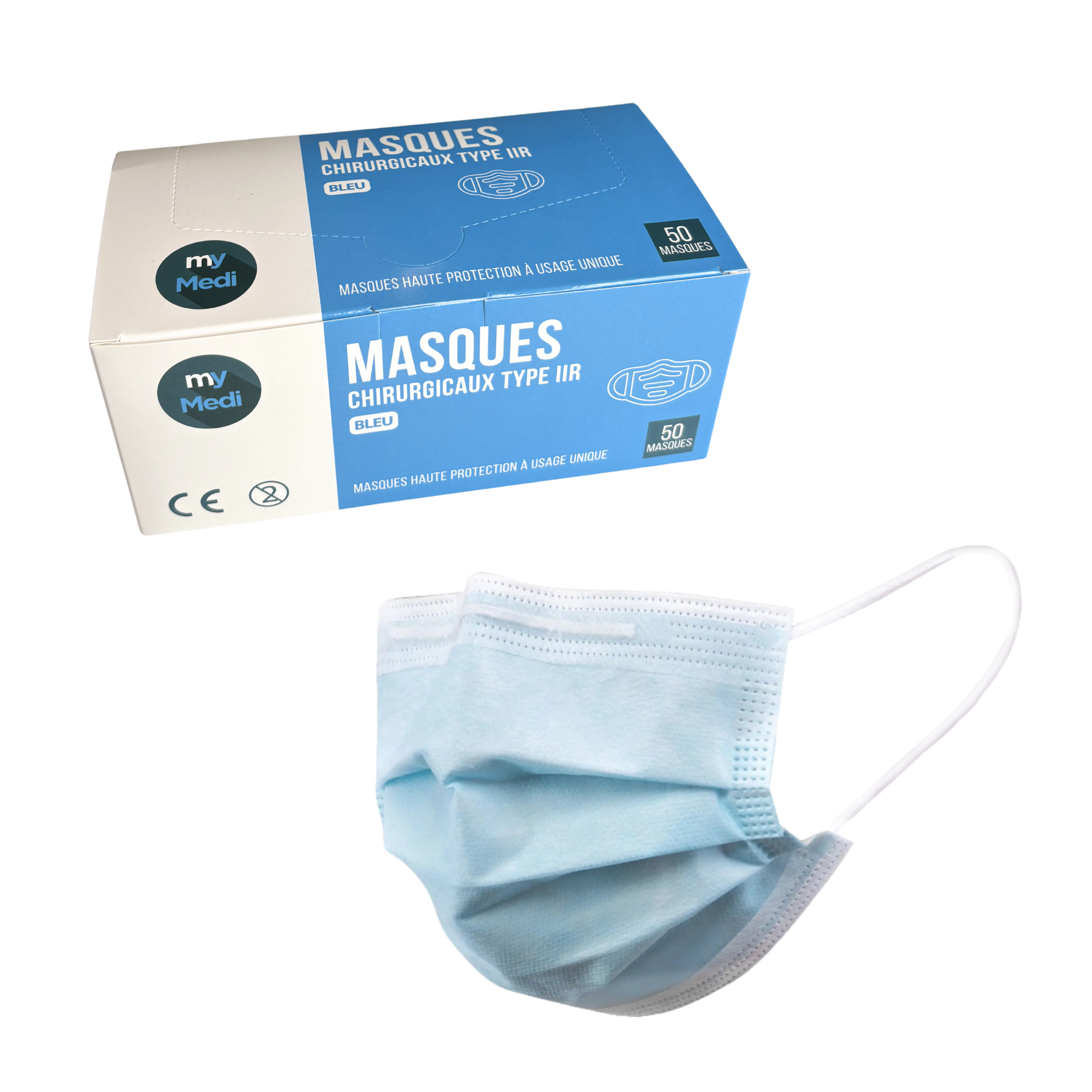 Masque chirurgical 3 plis de type IIR  - Norme EN14683 - Certification CE - Boîte de 50 masques - My Médical